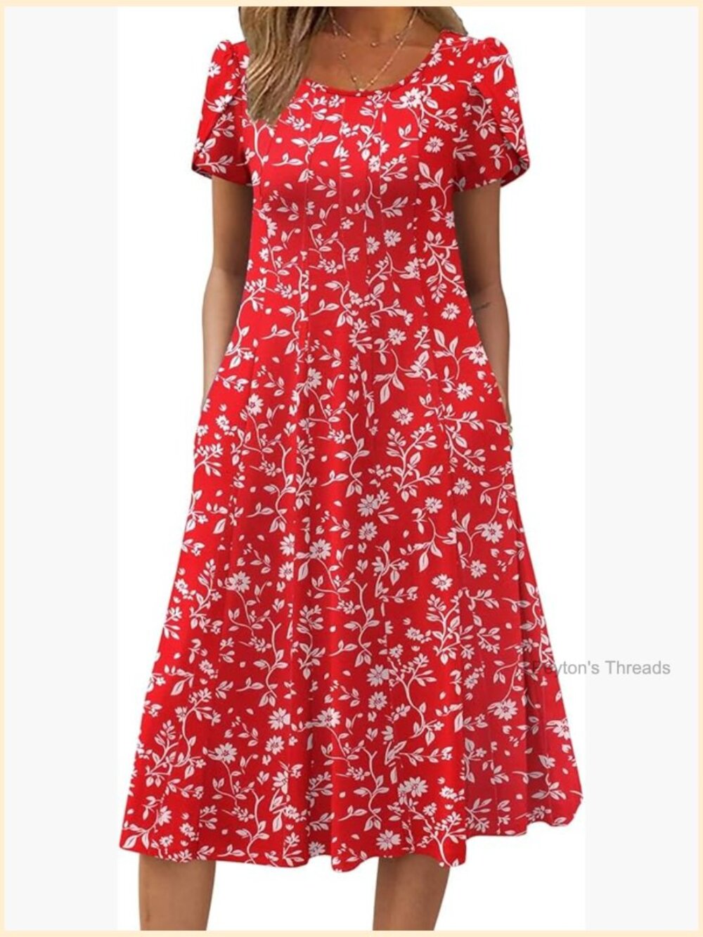 Short Sleeve Flare Midi Dress with Pockets Pleated Summer Sundress